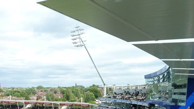 Edgbaston’s rebuilt South Stand with its glazed facade and roof, beside the Eric Hollies Stand in June 2012