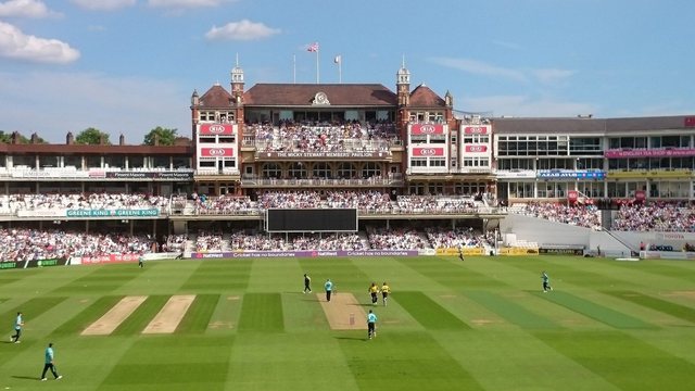 A T20 match at The Oval, looking across the pitch towards the Micky Stewart Members’ Pavilion in July 2017