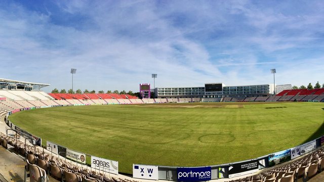 Empty seats and outfield at the Utilita Bowl, viewed from the pavilion towards the Hilton in September 2015