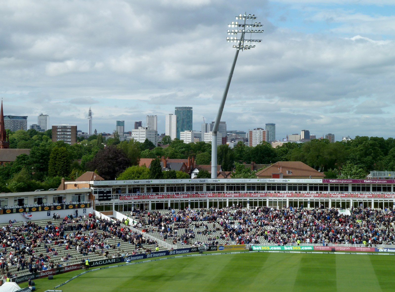 The RES Wyatt Stand’s northern seating and balcony on the right, with Birmingham’s skyline behind, in June 2012