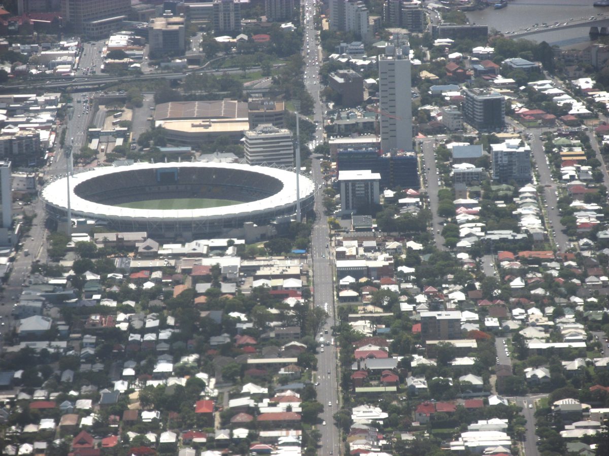 Aerial view of the Gabba and surrounding streets in Woolloongabba