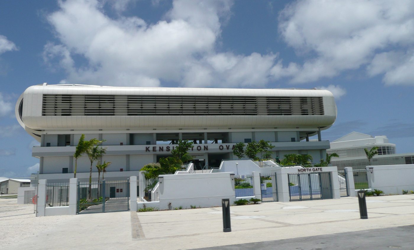 The north entrance and curved roofline of Kensington Oval in Barbados
