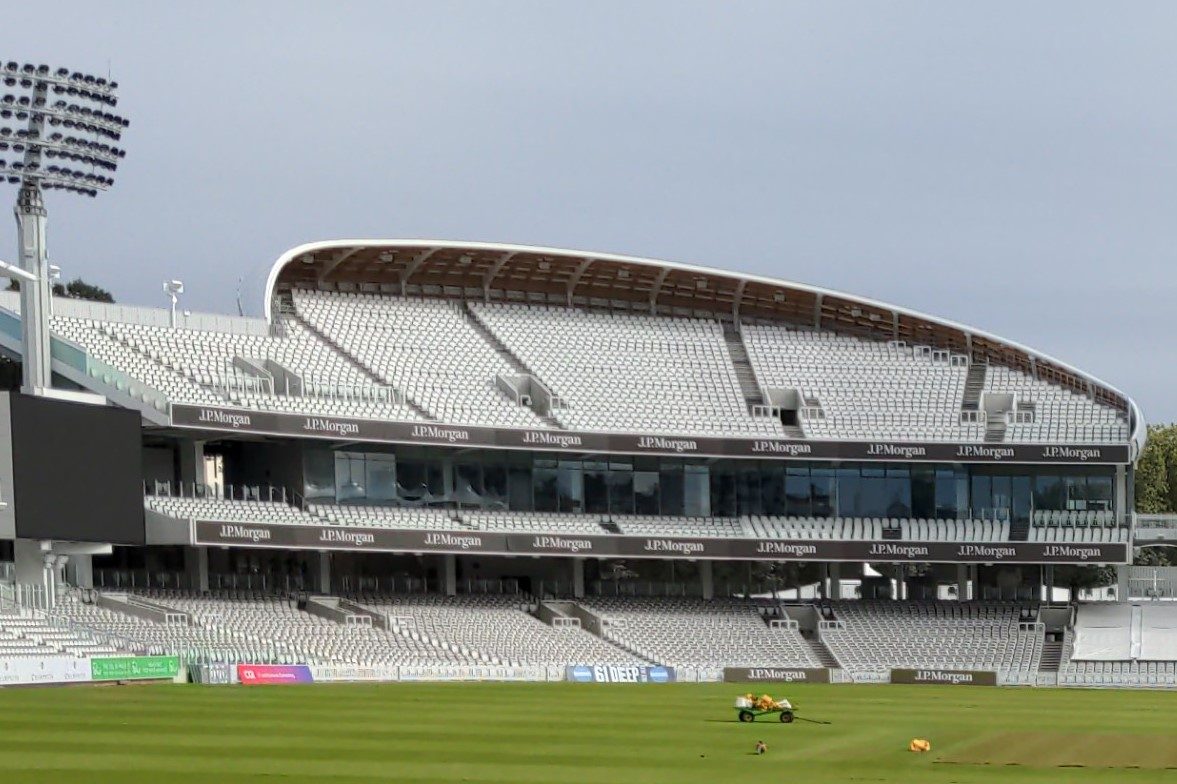 The tiered Compton Stand at Lord’s beneath its curved roof, photographed in October 2021