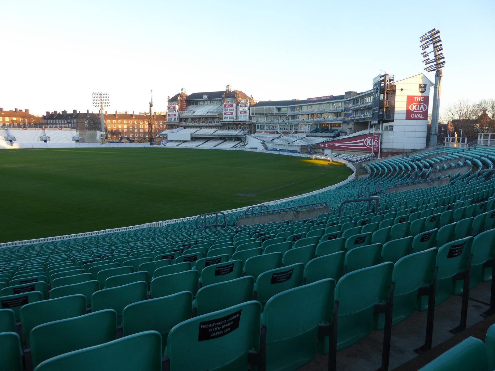 The glass-fronted Bedser Stand to the right of the brick Members’ Pavilion at The Oval in January 2020