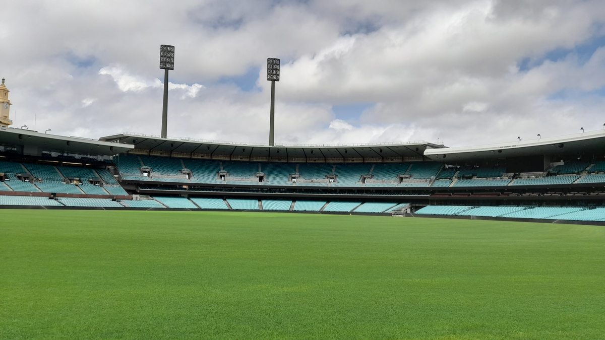 The Victor Trumper Stand beyond the empty Sydney Cricket Ground outfield
