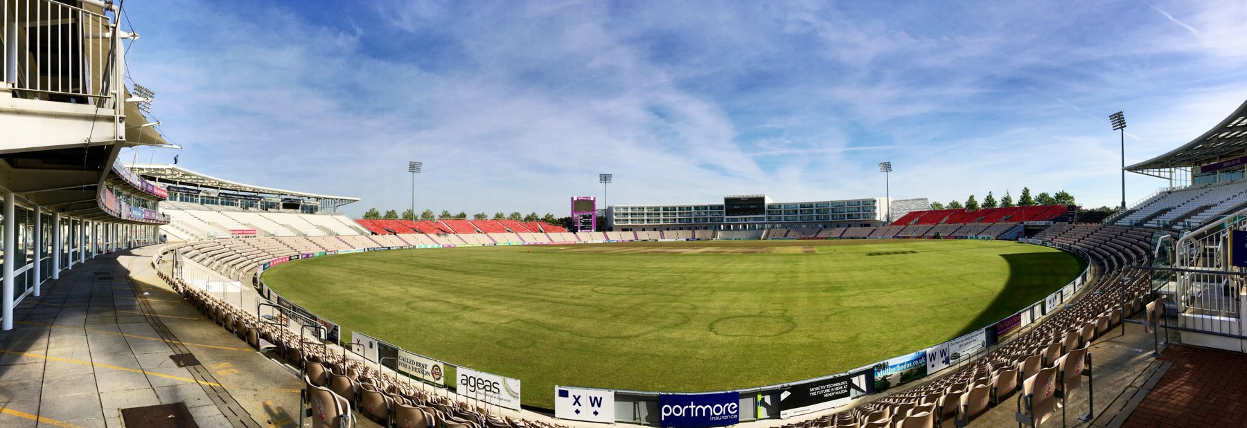 Empty seats and outfield at the Utilita Bowl, viewed from the pavilion towards the Hilton in September 2015